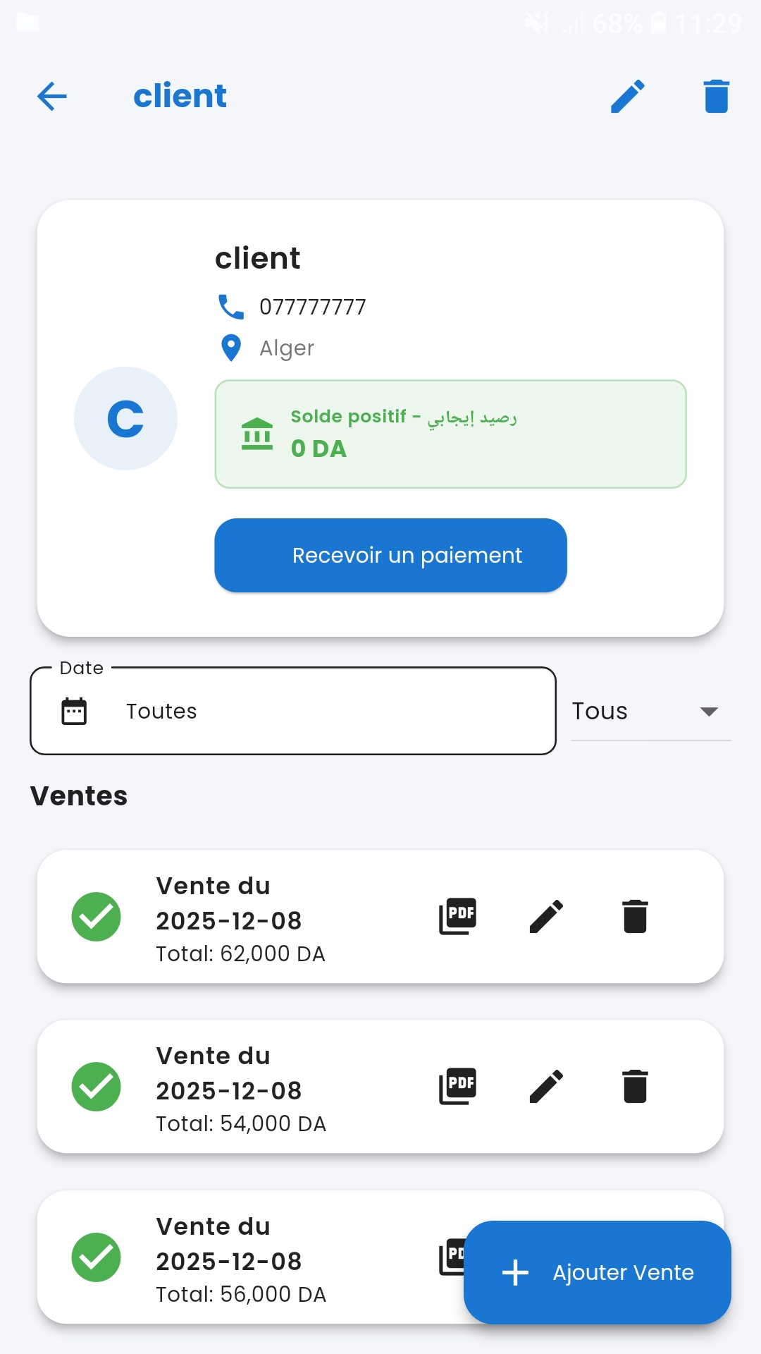 Client detail — ventes & solde
